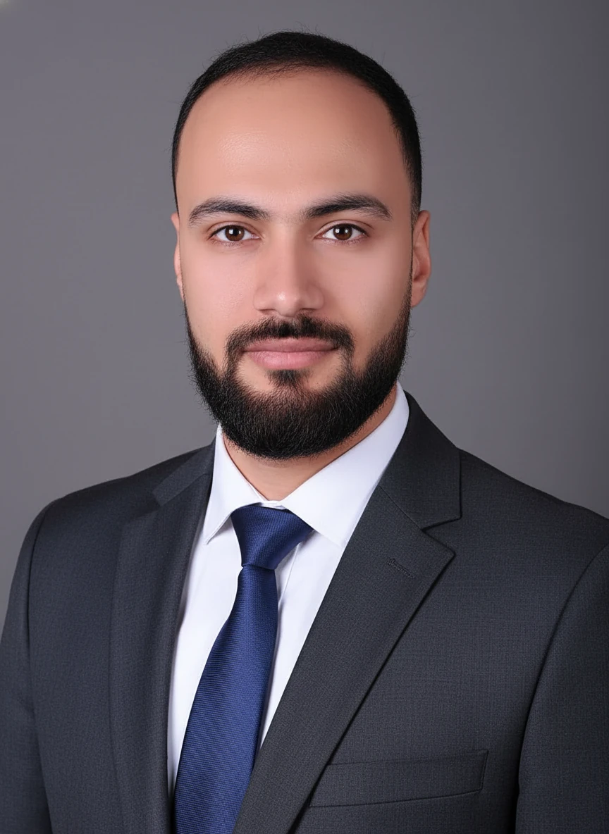 Mahmoud Atef wearing a dark suit and navy tie